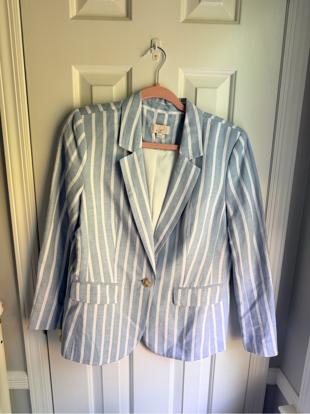LOFT Light Blue and White Striped Cotton Blazer